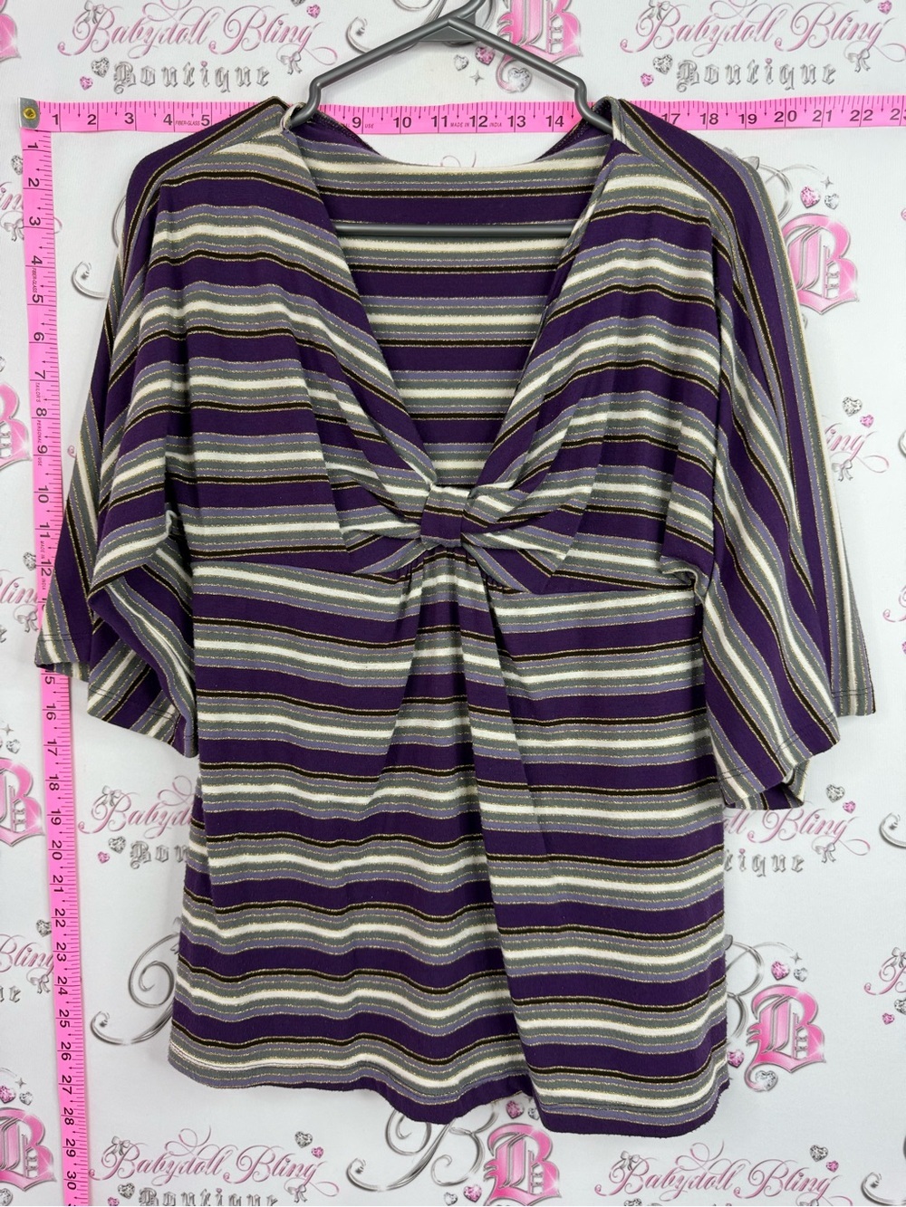 RENUAR y2k top fairy Knot-Front V-Neck Tunic in Purple and Cream Stripe